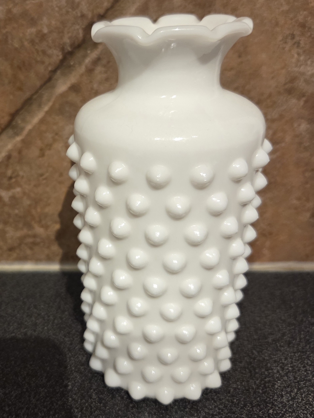 Fenton White Hobnail Ruffled Rim Vase